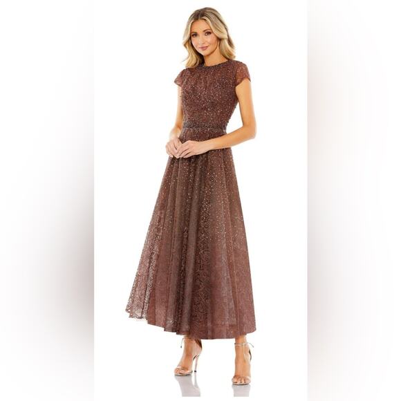 NWT Mac Duggal 20371 Embellished Cap Sleeve A Line Dress 6 Chocolate - Picture 2 of 7
